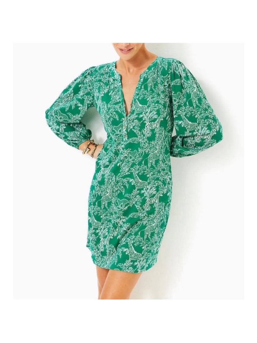 LILLY PULITZER Emery Long sleeve Dress – Fiddle Leaf Green “Safari Party” XXS